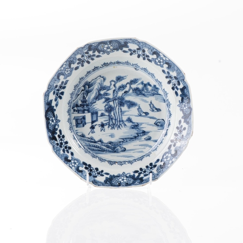 161 - A CHINESE BLUE AND WHITE 'PINE AND PAGODA' PLATE, QING DYNASTY, 18TH CENTURY