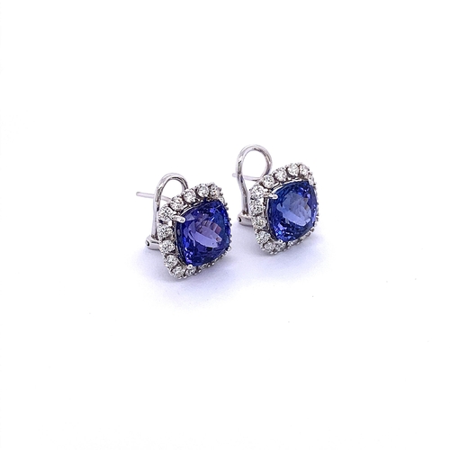 91 - PAIR OF CUSHION TANZANITE & DIAMOND HALO STUD EARRINGS