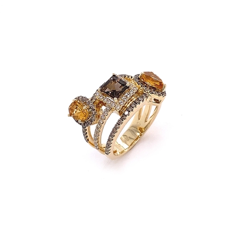 216 - 3 STONE HALO DESIGN TOPAZ, CITRINE AND DIAMOND RING