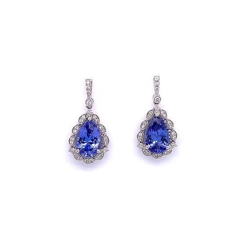 247 - PAIR OF PEAR TANZANITE & DIAMOND DIAMOND DROP EARRINGS