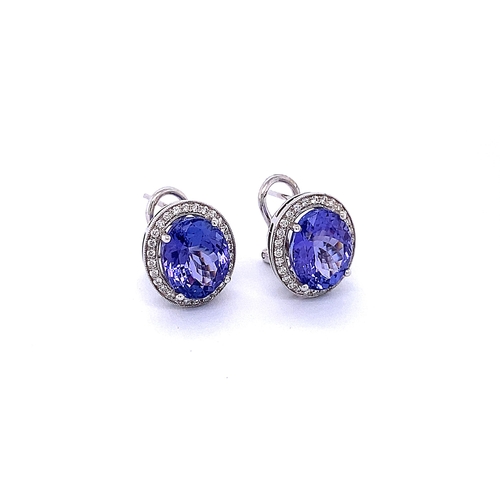 248 - PAIR OF OVAL TANZANITE & DIAMOND HALO STUD EARRINGS WITH MILLGRAIN DETAIL