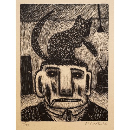 159 - Norman Clive Catherine (South African 1949 - ) MAN WITH CAT ON HIS HEAD