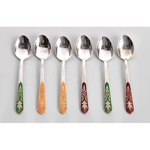 1210 - A SET OF SIX THAI SILVER AND ENAMELLED MOCHA SPOONS