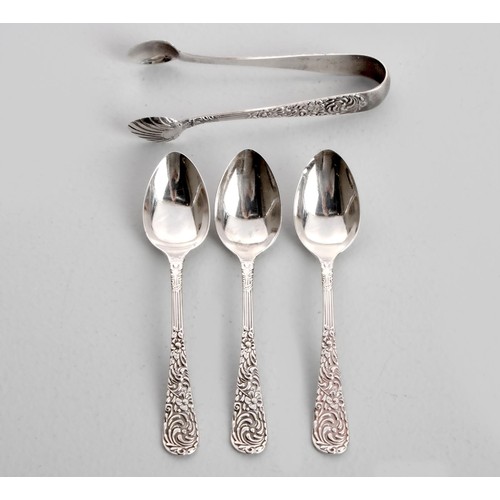 1100 - THREE VICTORIAN SILVER TEASPOONS AND A PAIR OF SUGAR NIPS, LEVI AND SALAMAN, BIRMINGHAM, 1898