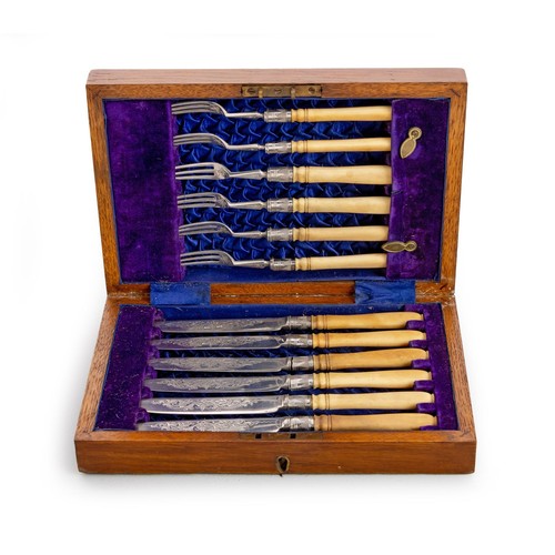 1106 - A CASED SET OF VICTORIAN SILVER BONE-HANDLED DESSERT KNIVES AND FORKS, WILLIAM HUTTON AND SONS, LOND... 