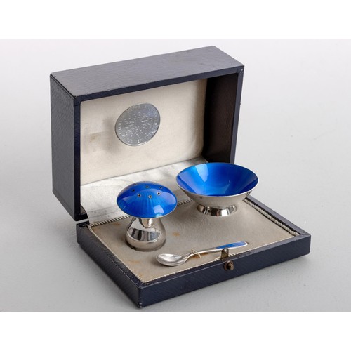 1187 - A CASED SILVER AND ENAMEL SALT AND PEPPER BY EGON LAURIDSEN, RETAILED BY GEORG JENSEN, NEW YORK