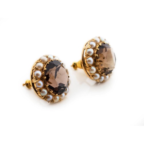 587 - A PAIR OF SMOKY QUARTZ AND SEED PEARL EARRINGS