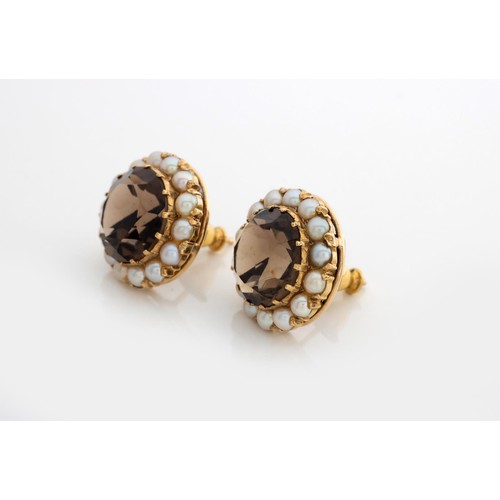 587 - A PAIR OF SMOKY QUARTZ AND SEED PEARL EARRINGS