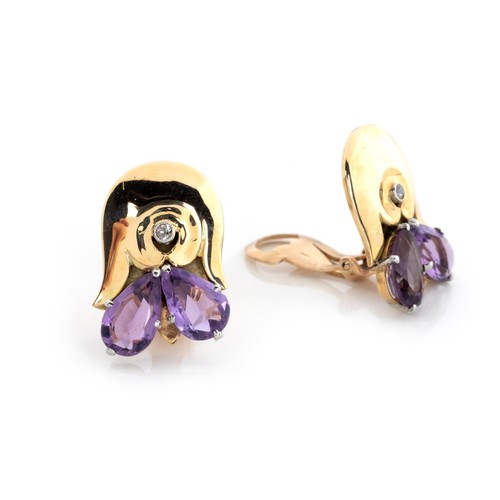 591 - A PAIR OF AMETHYST AND DIAMOND EAR CLIPS