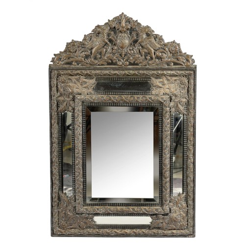 122 - A METAL AND WOODEN MIRROR, 19TH CENTURY