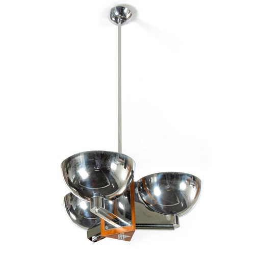 124 - AN ART DECO CHROME AND WOOD THREE LIGHT CHANDELIER