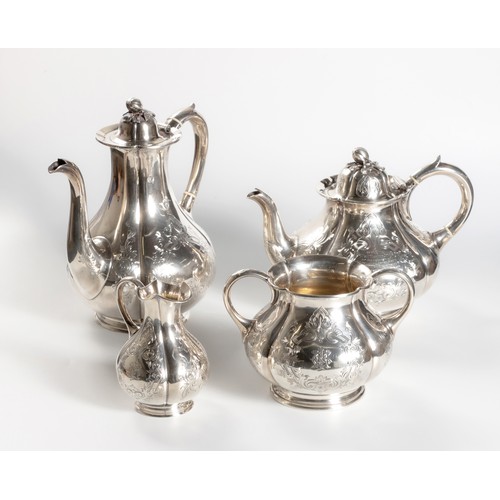 1089 - AN ASSEMBLED FOUR PIECE VICTORIAN SILVER TEA SERVICE, MARTIN, HALL AND CO, LONDON, 1863, 1871 AND SH... 