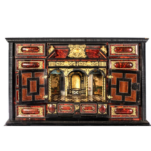 477 - A FRENCH BOULLE VARGUENO CABINET ON ASSOCIATED STAND