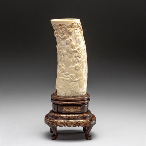 603 - A JAPANESE IVORY RELIEF CARVED TUSK, MEIJI PERIOD, 1868 - 1912