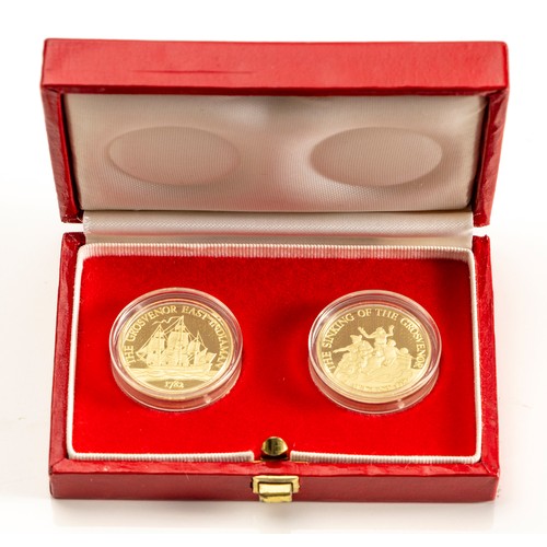 147 - A CASED 'GROSVENOR BICENTENARY' COMMEMORATIVE SET OF TWO 18CT GOLD MEDALLIONS, 1982