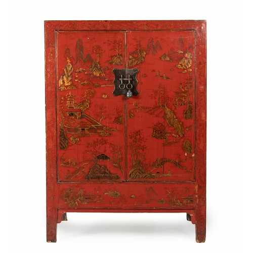 365 - A CHINESE RED AND GILT LACQUER SQUARE CORNER CUPBOARD, FANGJIAOGUI, QING DYNASTY, 19TH CENTURY