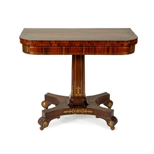 411 - A REGENCY ROSEWOOD AND BRASS INLAID CARD TABLE