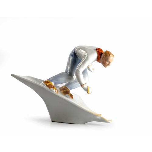 574 - A HEREND PORCELAIN FIGURE OF A SKIER, 1940s