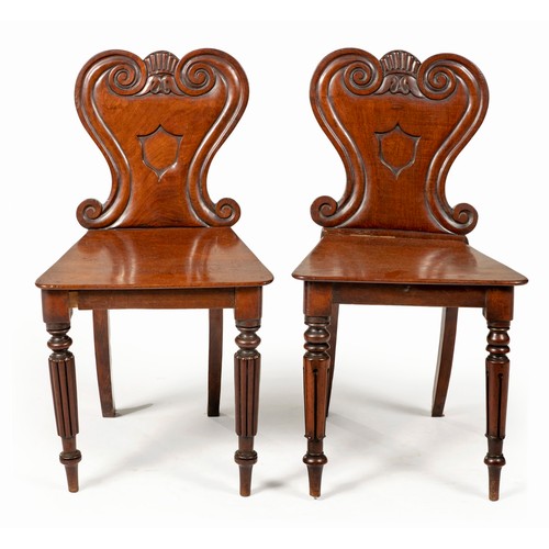 431 - A PAIR OF MAHOGANY HALL CHAIRS, 19TH CENTURY