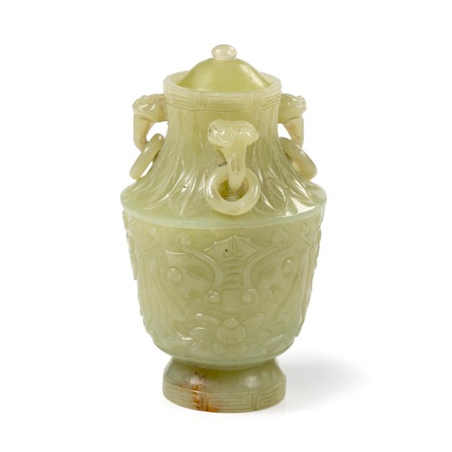 630 - A CHINESE CELADON JADE 'TAOTIE MASK' VASE AND COVER, QING DYNASTY, 1644 - 1912