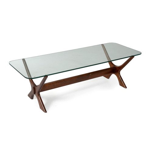 467 - A ROSEWOOD AND GLASS COFFEE TABLE, AFTER A DESIGN BY ILUM WIKKELSO