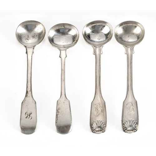 701 - A PAIR OF VICTORIAN SILVER FIDDLE, THREAD AND SHELL PATTERN MUSTARD SPOONS, MARKS INDISTINCT