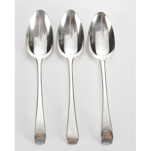 690 - THREE GEORGE IV SILVER OLD ENGLISH PATTERN DESSERT SPOONS, STEPHAN ADAMS, LONDON, 1821