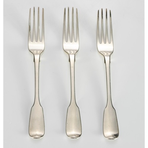 697 - THREE WILLIAM IV SILVER FIDDLE PATTERN DESSERT FORKS, MARY CHAWNER, LONDON, 1838