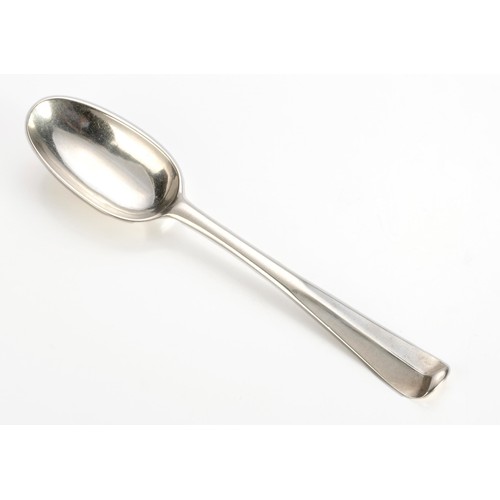 681 - A GEORGE II HANOVERIAN PATTERN SILVER TABLESPOON, ESTER FORBES, DUBLIN, 1735