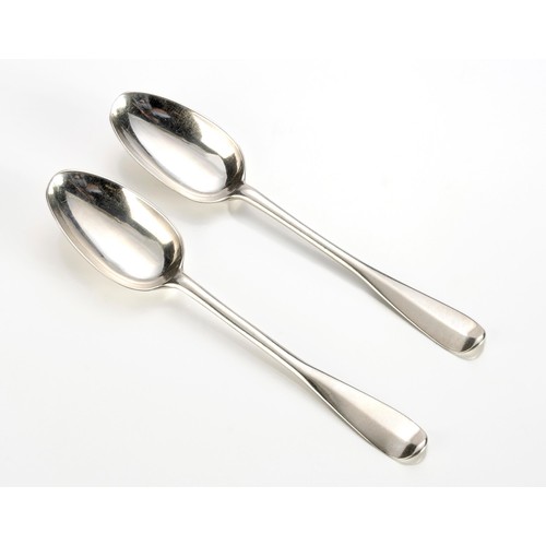 683 - A PAIR OF GEORGE III SILVER HANOVERIAN PATTERN TABLESPOONS, DANIEL KER, EDINBURGH, 1772