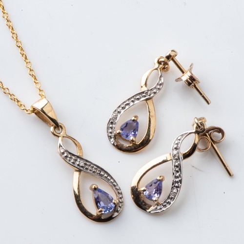 837 - A SUITE OF TANZANITE JEWELLERY Comprising: a pendant, chain and earrings in 9ct yellow gold(3)... 