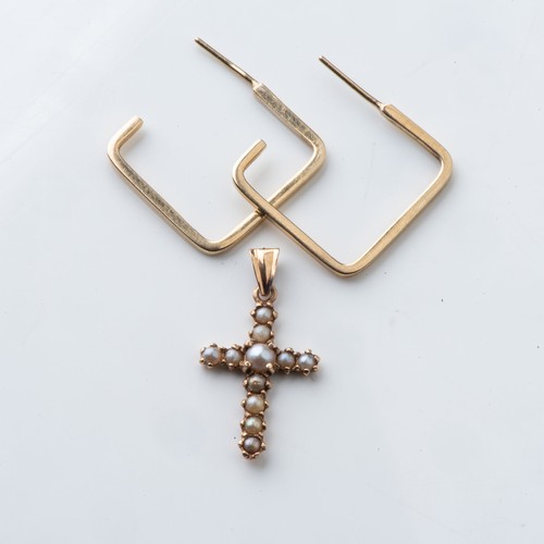 852 - A GOLD CROSS AND PAIR OF EARRINGSThe cross set with seed pearls, the earrings square design in 9ct y... 