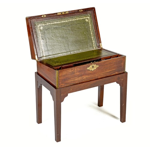 647 - A VICTORIAN ROSEWOOD AND BRASS-BOUND TRAVELLING WRITING SLOPE