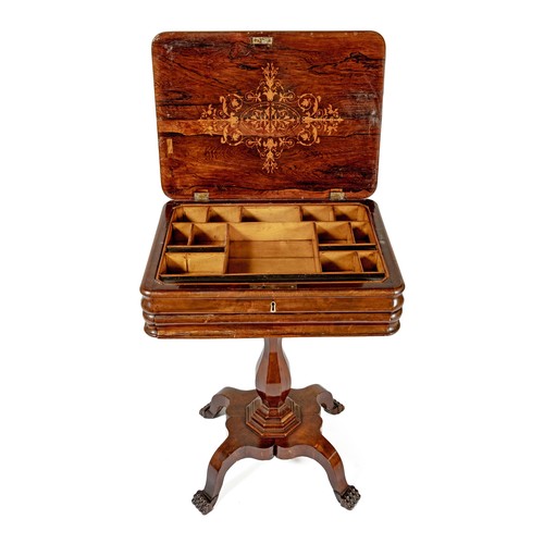 653 - A WALNUT AND ROSEWOOD WORKTABLE, 19TH CENTURY