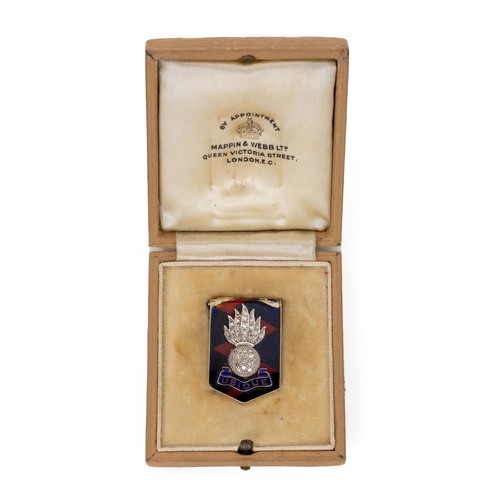 1000 - A CASED DIAMOND AND ENAMEL ROYAL ARTILLERY 'SWEETHEART' BROOCH, RETAILED BY MAPPIN & WEBB LTD