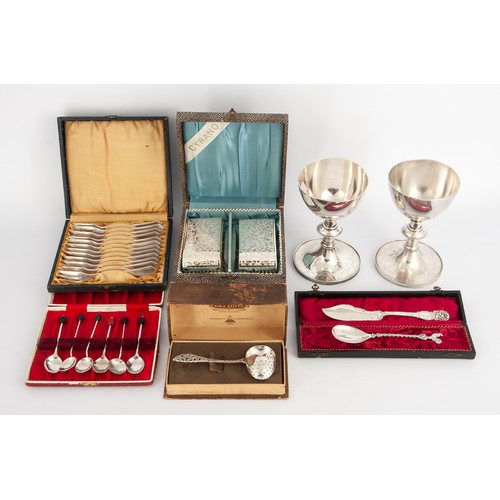 103 - COLLECTION OF SILVER CRUET SETS, LIQUEUR GOBLETS AND SPOON AND OTHER ITEMS