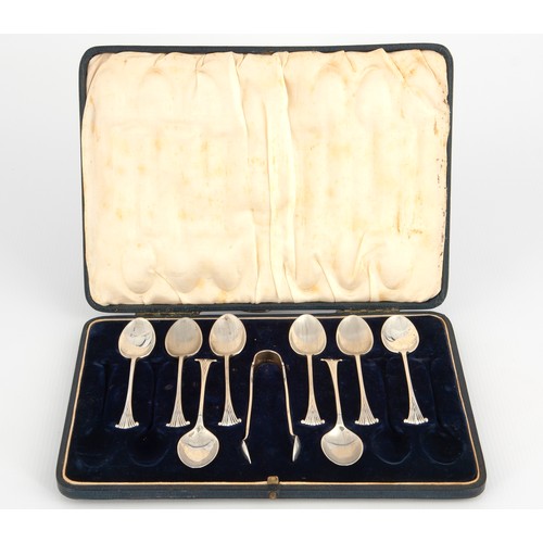 146 - SET OF EIGHT SILVER COFFEE SPOONS AND PAIR TONGS