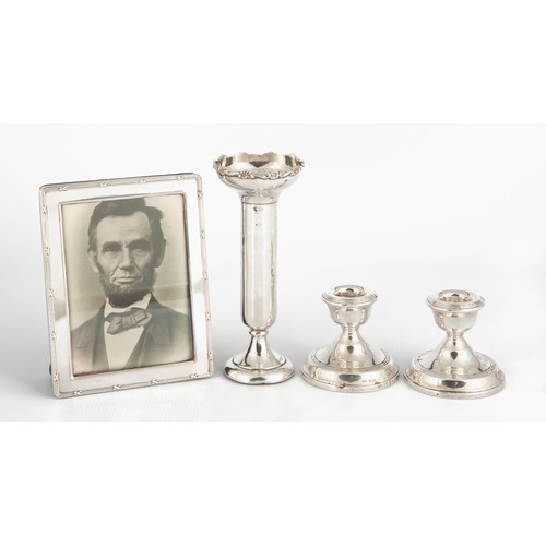 174 - SILVER PHOTOGRAPH FRAME, SMALL PAIR CANDLESTICKS AND VASE