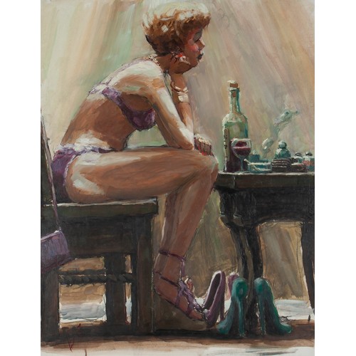 1009 - Adriaan Boshoff Jr. (South African 1967 - ) WOMAN IN LINGERIE SEATED AT A TABLE