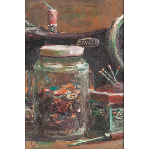 988 - Adriaan Boshoff Jr. (South African 1967 - ) STILL LIFE WITH SEWING MACHINE AND JAR OF BUTTONS