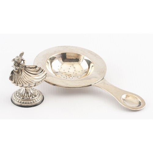 119 - RUSSIAN SILVER TEA STRAINER AND PLATED SALT CELLAR