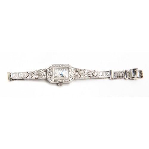 754 - A PLATINUM AND DIAMOND WRISTWATCH BY LEIGHTON, BURLINGTON ARCADE, POSSIBLY 1930