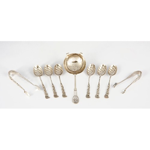 80 - A MISCELLANEOUS GROUP OF SIX RUSSIAN SILVER TABLE SPOONS A ENGLISH SPOON AND TWO PAIRS OF TONGS