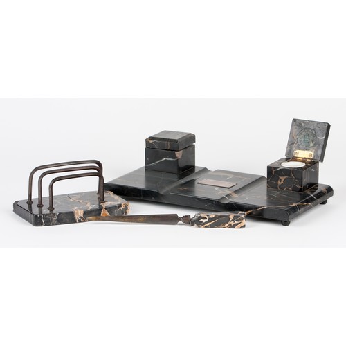 28 - A BLACK VEINED MARBLE DESK SET