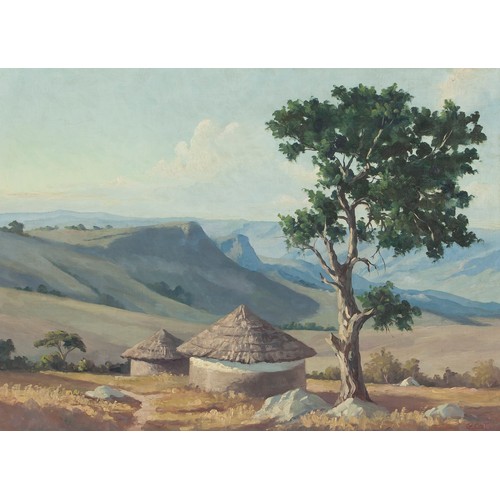 487 - Guiseppe Catty (Cattaruzza) (South African 1914 - 1994) MOUNTAINOUS LANDSCAPE WITH TREE AND HUTS