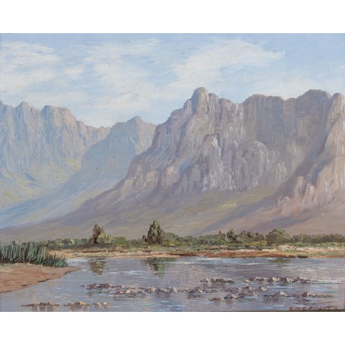 287 - George Paul Canitz (South African 1874 - 1959) RIVERBED WITH MOUNTAINS IN THE BACKGROUND