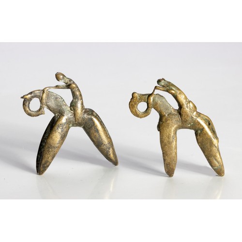 990 - A NEAR-PAIR OF SMALL CAST BRONZE SCULPTURES OF SAO HORSEMEN, CHAD