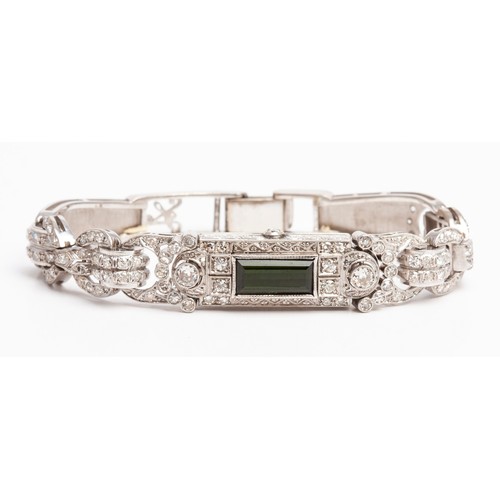 164 - A PLATINUM AND TOURMALINE BRACELET,  CIRCA 1960