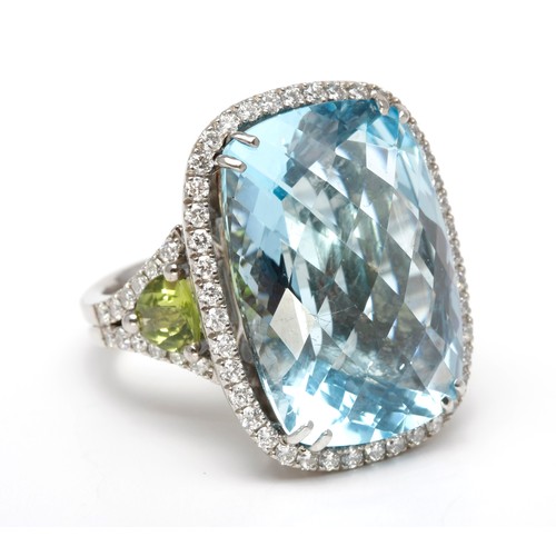 260 - A BLUE TOPAZ, GREEN CITRINE AND DIAMOND DESIGNER DRESS RING