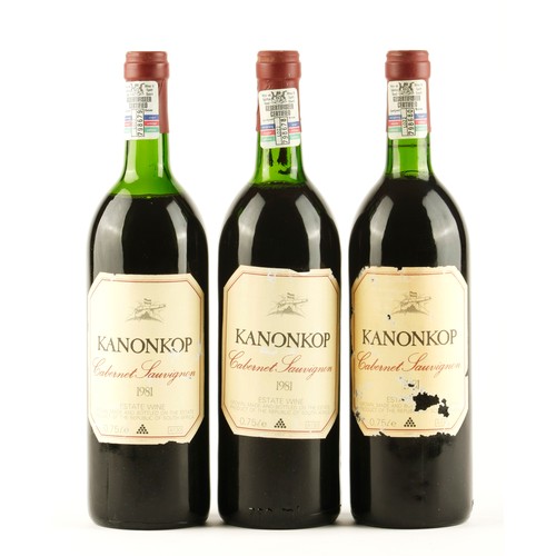 525 - THREE BOTTLES OF KANONKOP CABERNET SAUVIGNON 1 DAMAGED LABEL